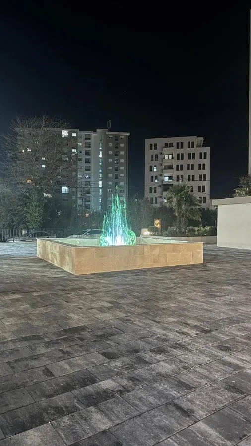 The courtyard fountain at night